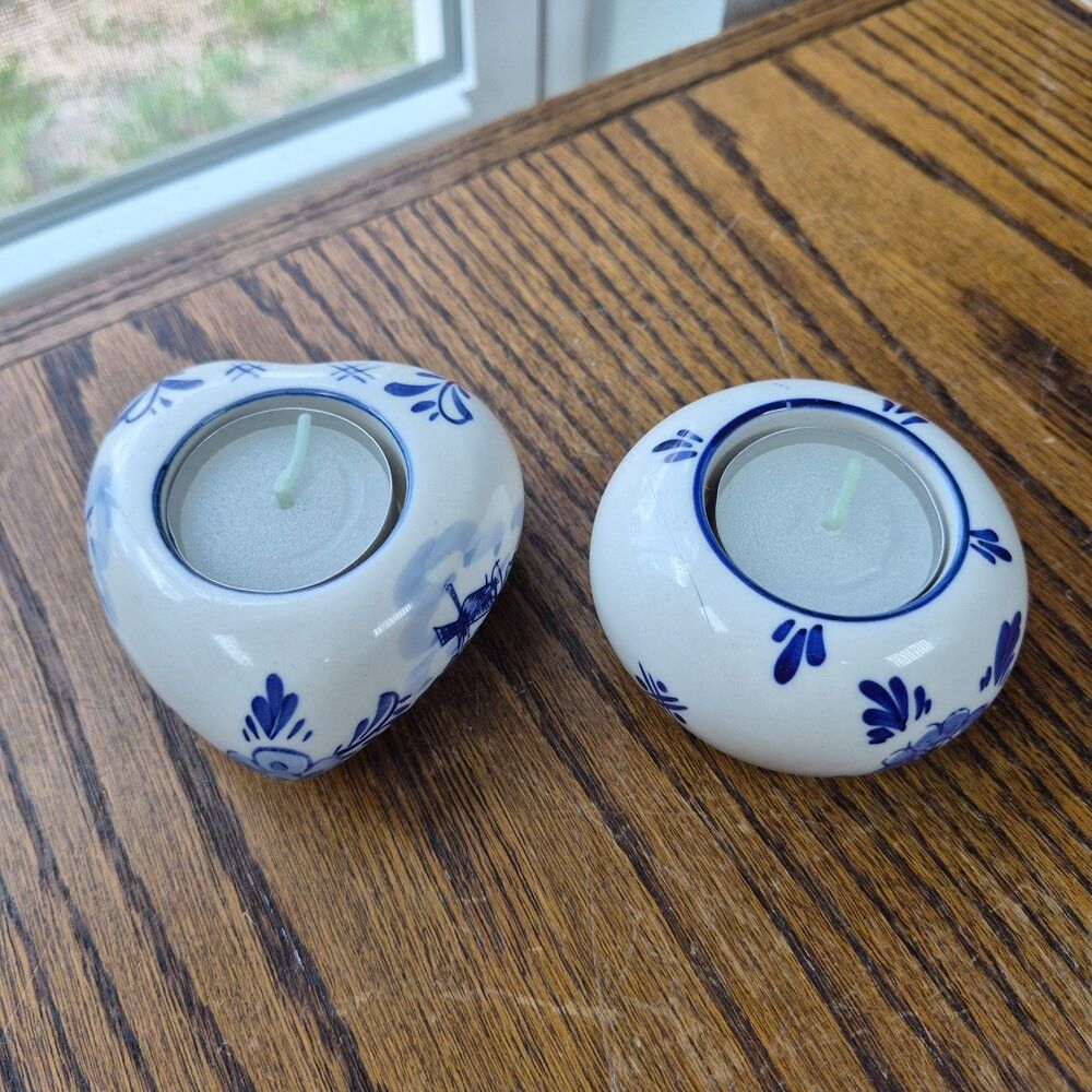 Pair Vtg Dutch Delft Blue Floral Tealight Candle Holders Holland Heart & Round
